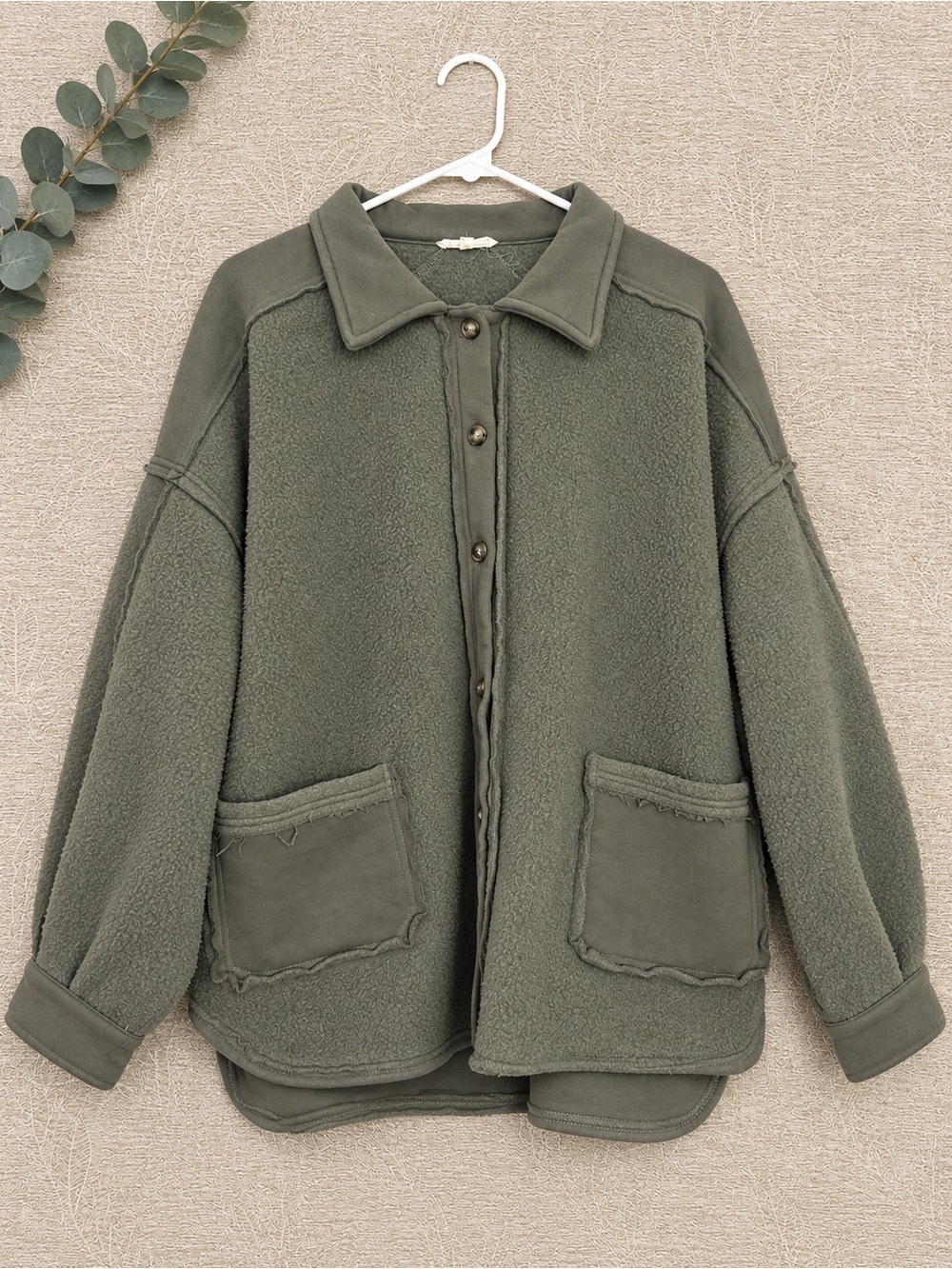 Easel Olive Green Cozy Fleece Button-Front Jacket